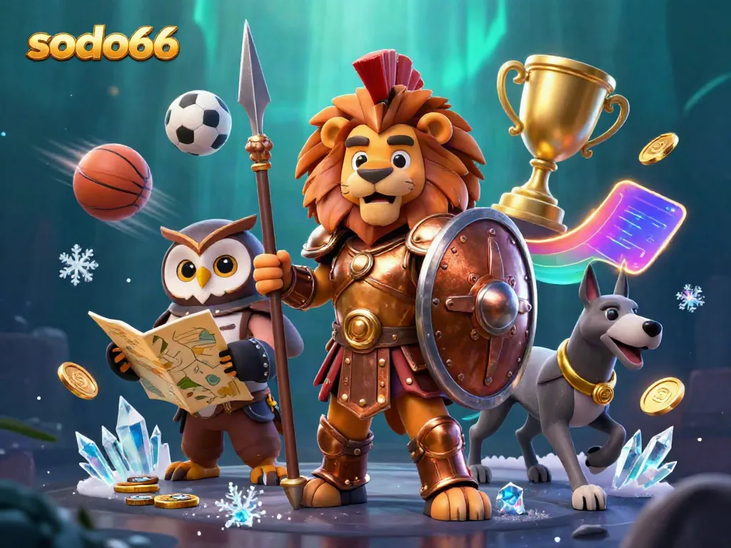 Experience dynamic gaming with sodo66 as Spartan lion, tactical owl, and swift greyhound unite in a vibrant casino scene.