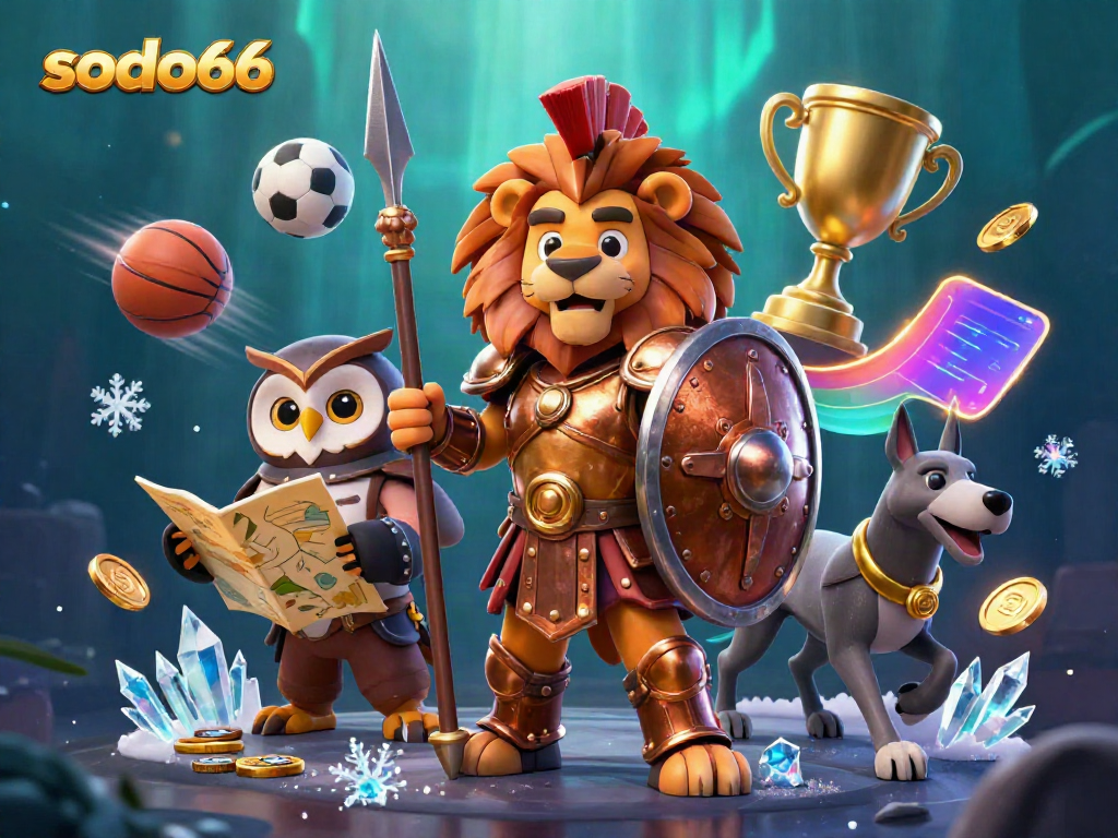 Experience dynamic gaming with sodo66 as Spartan lion, tactical owl, and swift greyhound unite in a vibrant casino scene.