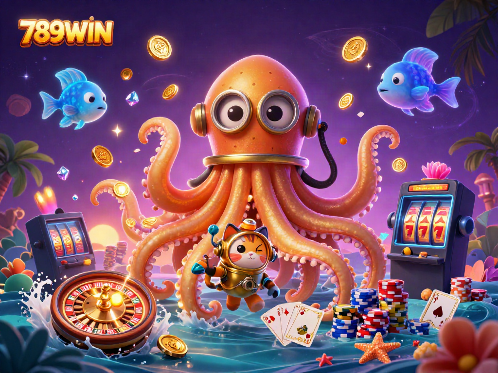 Engage in thrilling adventures with 789WIN's colossal kraken and diving cat amidst gold and gems.