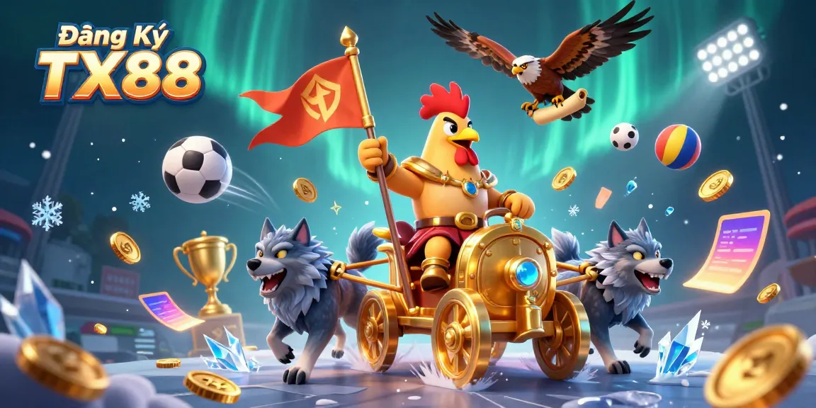 Experience the excitement of Đăng Ký TX88 with a dynamic gambling illustration featuring sports elements and golden characters.