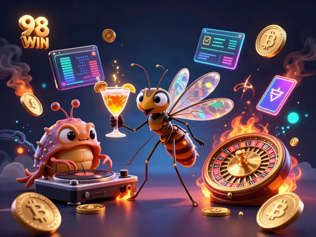 Experience the thrill of winning with 98 WIN in this dynamic casino scene featuring vibrant characters and crypto elements.