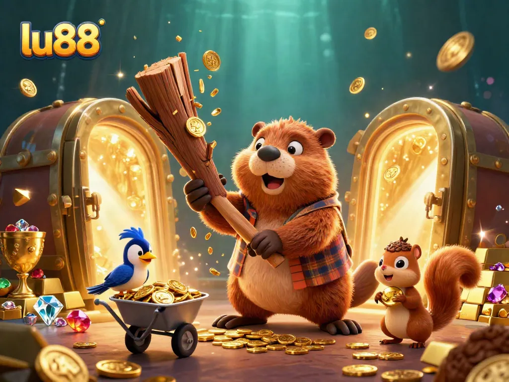 Experience the thrill of gambling at lu88 with a beaver and friends amidst a treasure-filled scene.