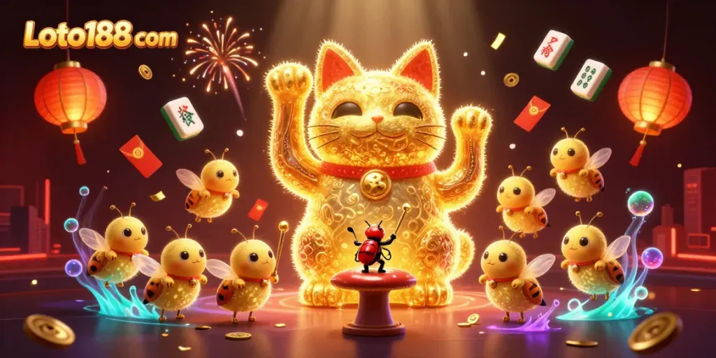 Experience Loto188 com with a lucky cat made of fireflies and vibrant casino elements, showcasing a lively gambling atmosphere.