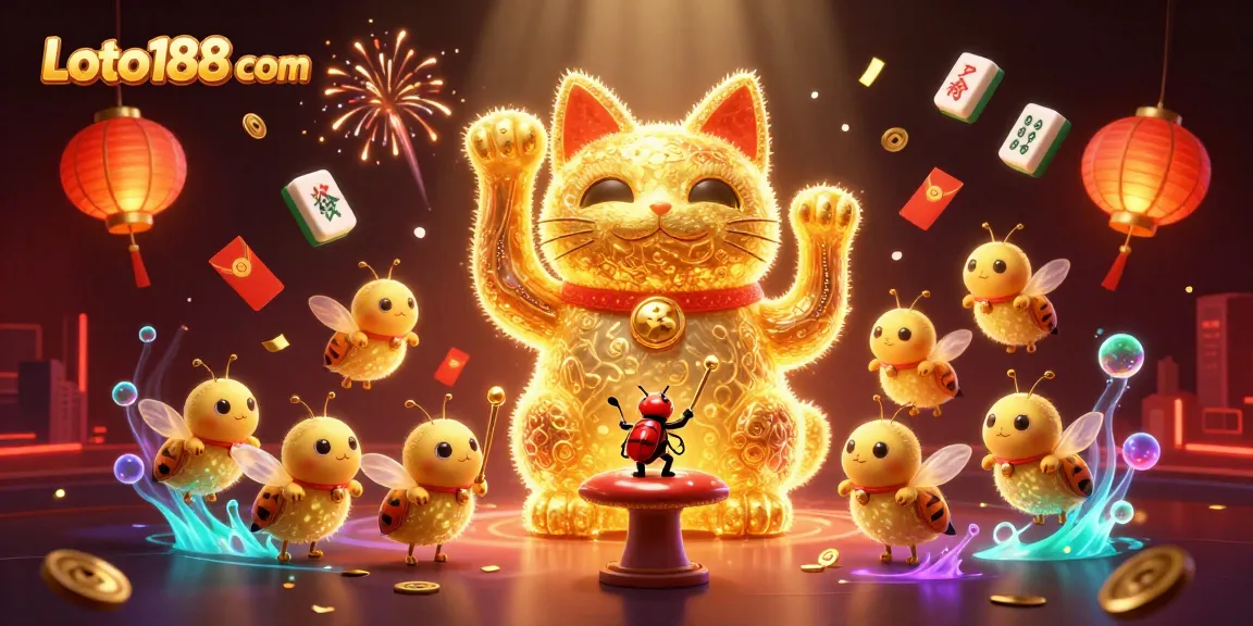 Experience Loto188 com with a lucky cat made of fireflies and vibrant casino elements, showcasing a lively gambling atmosphere.