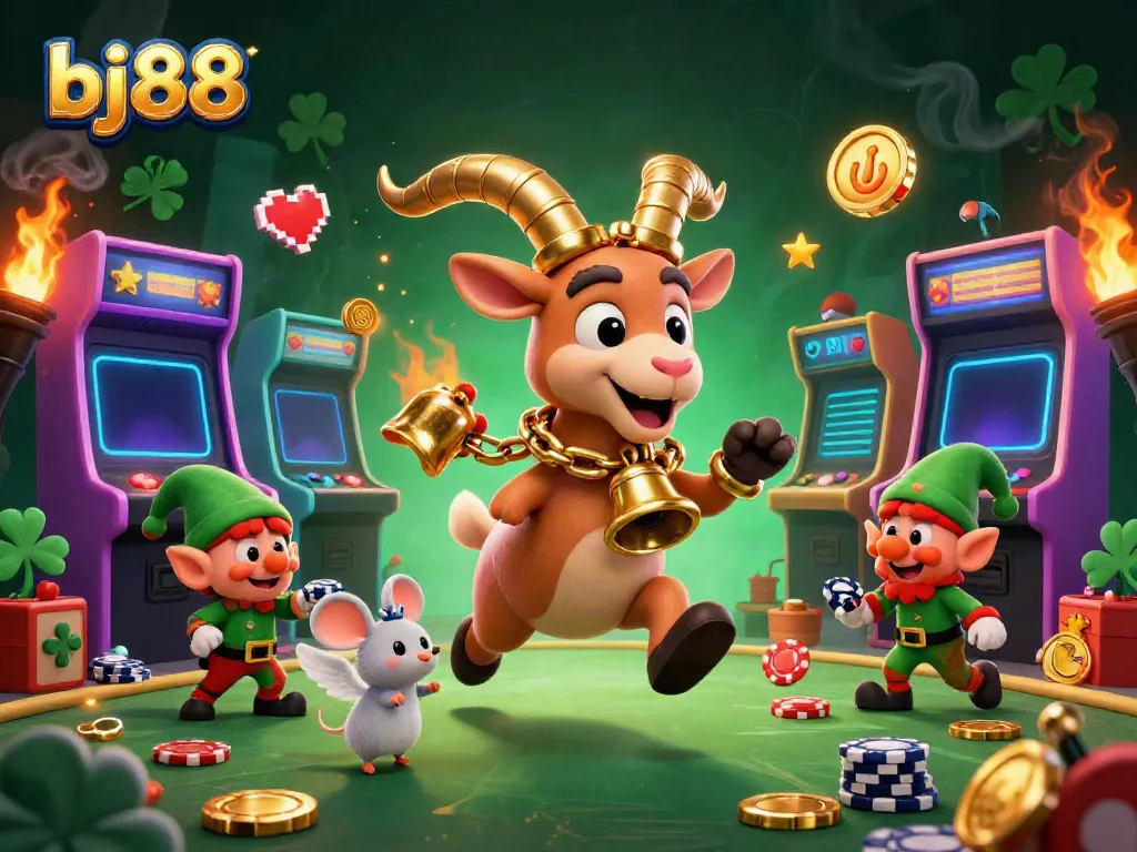 Engage in thrilling gameplay with bj88 at a vibrant casino featuring colorful arcade machines and animated characters.