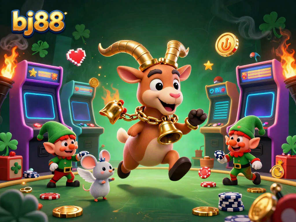 Engage in thrilling gameplay with bj88 at a vibrant casino featuring colorful arcade machines and animated characters.