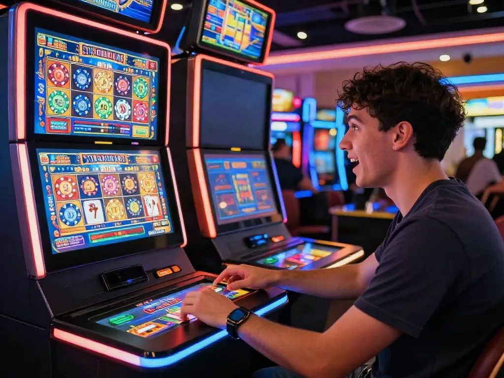 Casinos Sans depots player joyfully exploring a vibrant online casino environment.