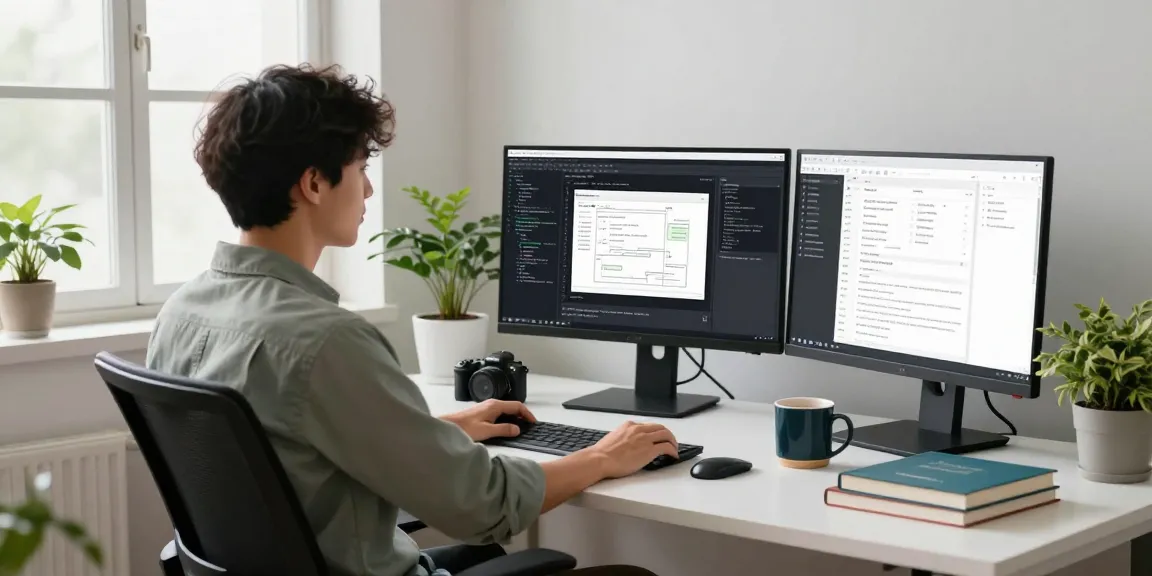 Web Design & Development professional workspace with developer coding and design on multiple screens.