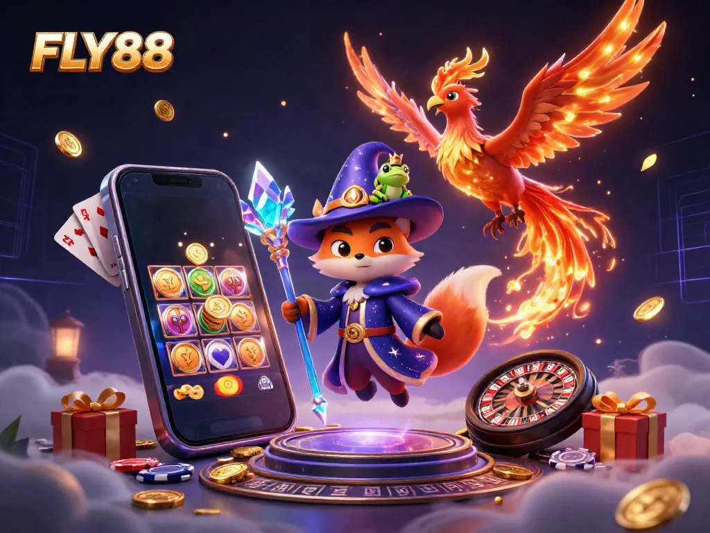 Engaging FLY88 casino scene featuring a wizard fox, phoenix, and gaming elements.