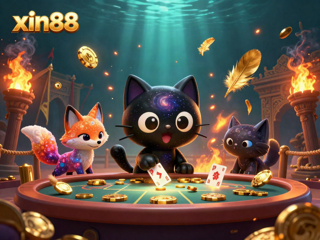 Experience thrilling winnings at xin88's cosmic casino with golden chips and lively characters.