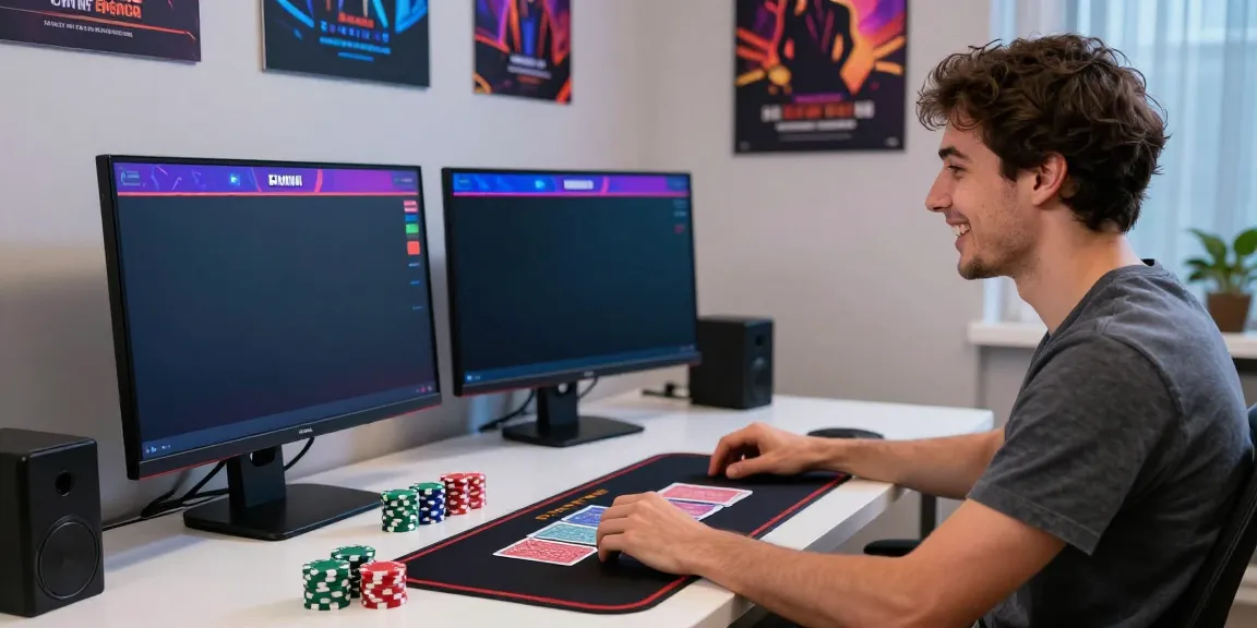 Player engaged at a computer in a casino gratuit sans depot environment, highlighting excitement and gaming accessories.