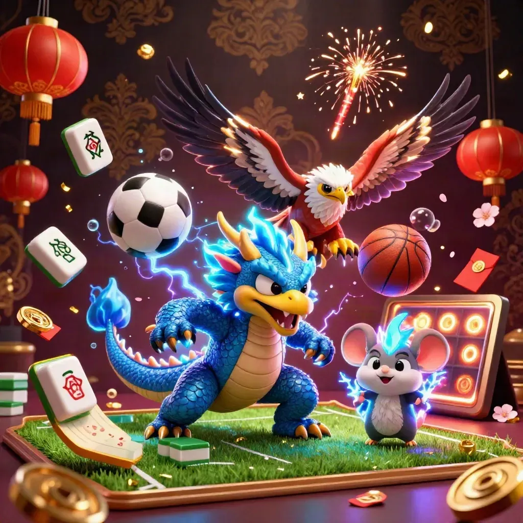 Thunder dragon, wind hawk and static mouse amid soccer ball, casino lights and gold confetti.