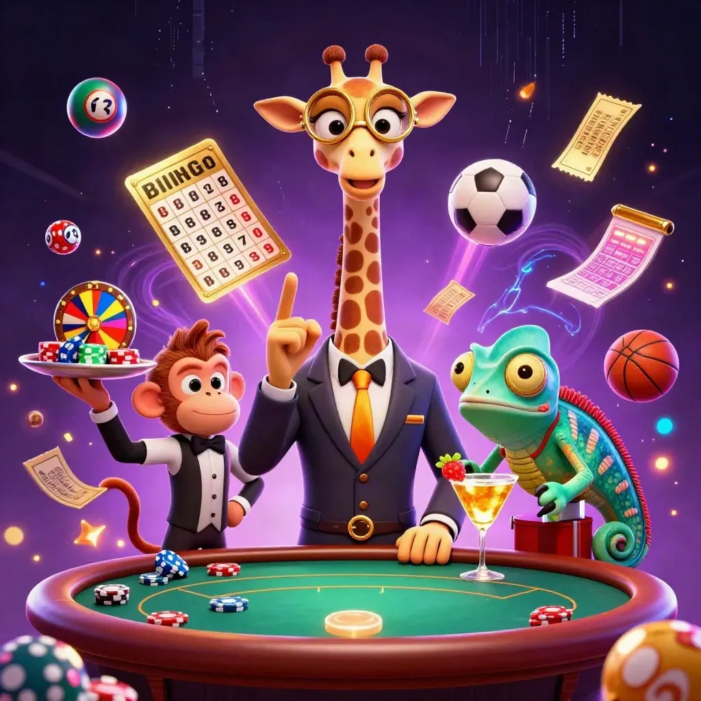 Giraffe, monkey valet, and chameleon bartender in a neon casino burst with lottery balls and gold effects.
