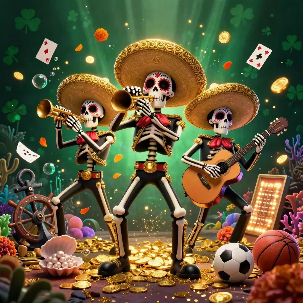 Skeleton mariachi trio in a glowing treasure cove with coins, cards, balls, and casino lights.