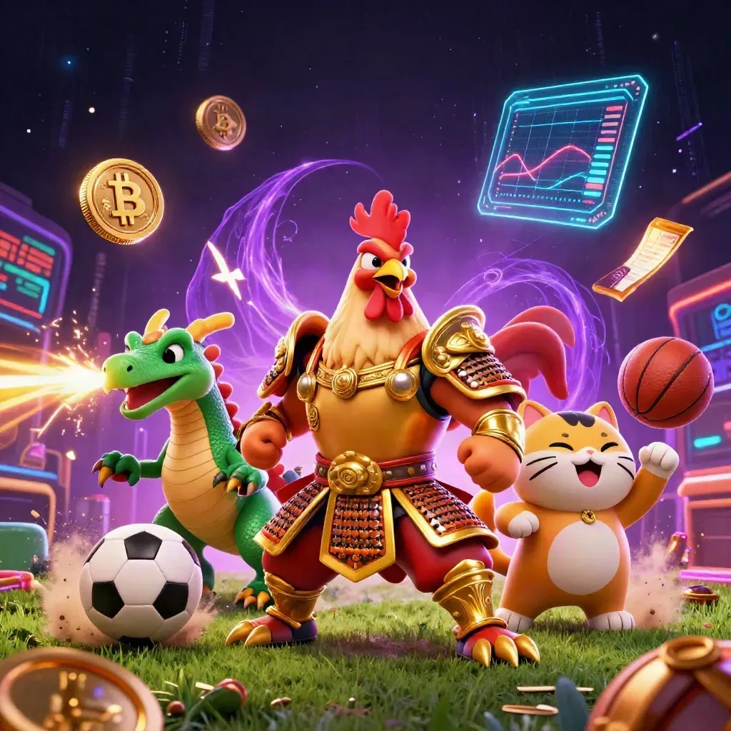 Rooster warrior, dragon hatchling and fortune-cat burst amid flying ball, coins and sparks