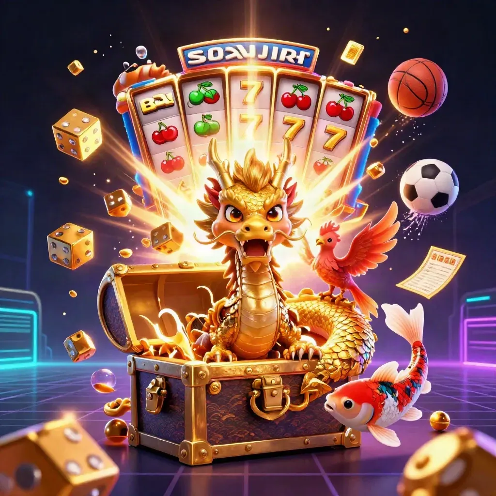 Golden dragon, phoenix, koi and casino symbols exploding around balls in neon indigo light.