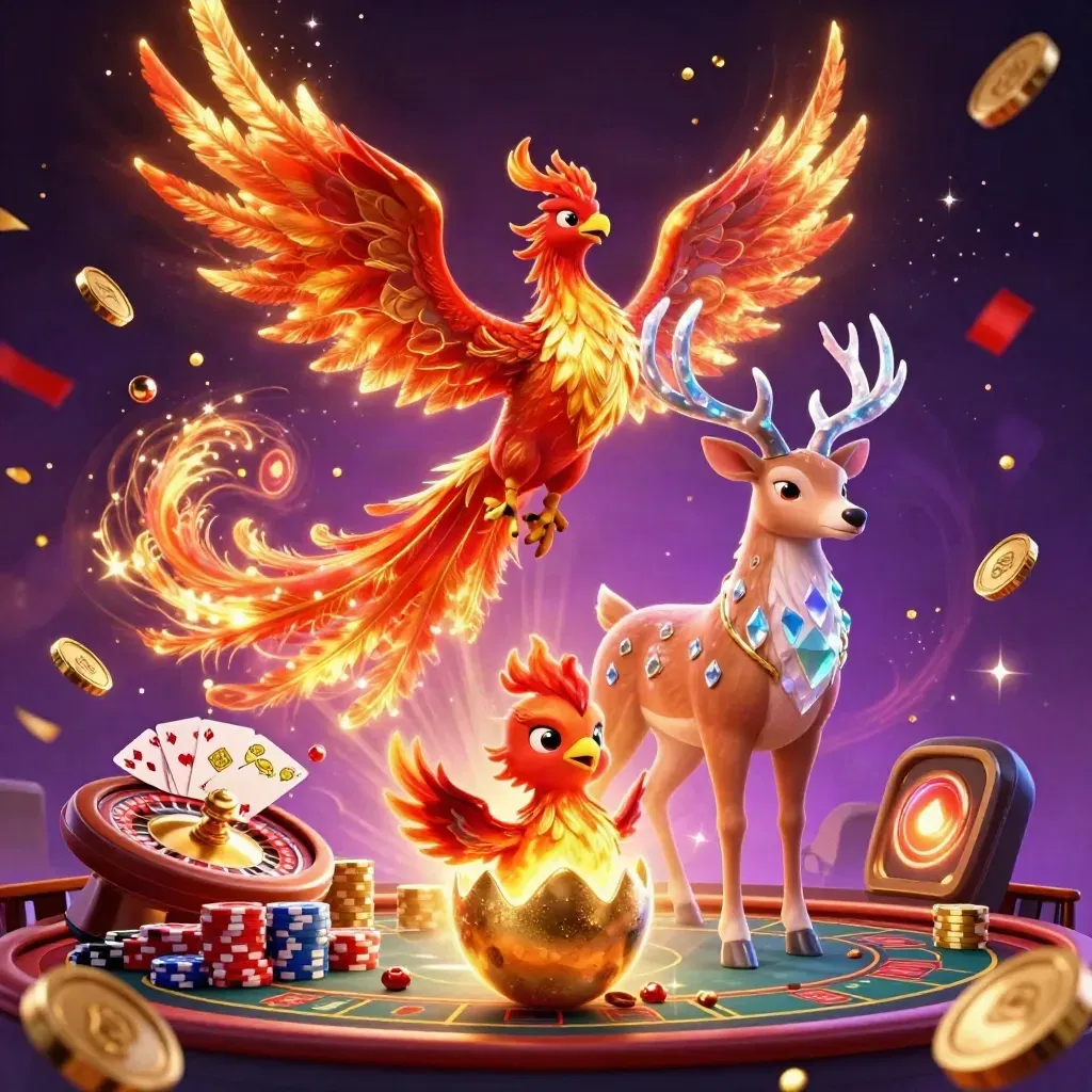 Phoenix, hatching chick, and crystal stag amid casino coins, cards, chips, and a spinning wheel.