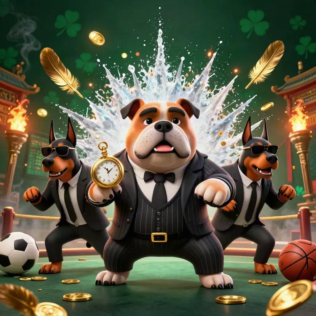 Bulldog mob boss, two Dobermans, and casino sports props amid torches, coins, and emerald smoke.