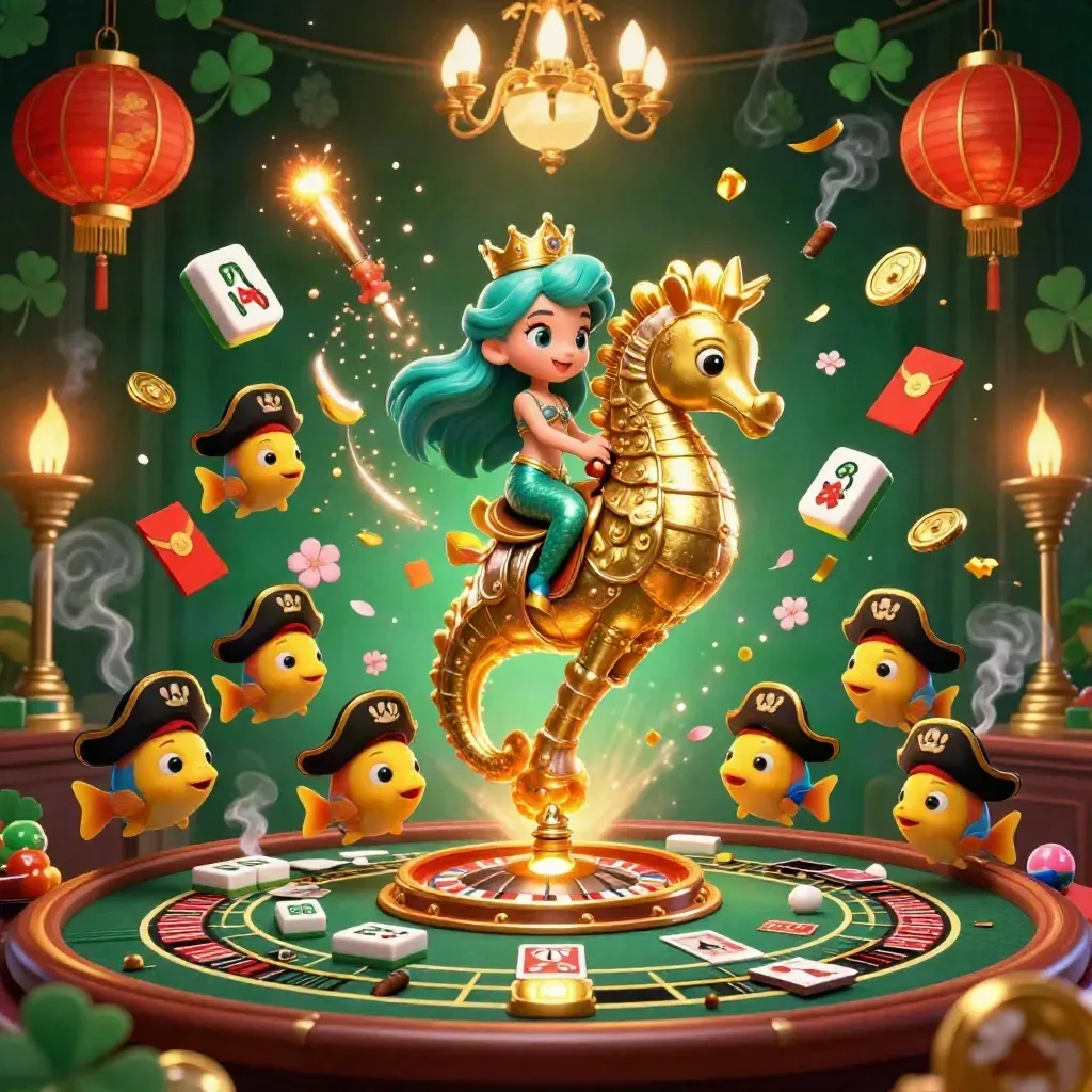 Mermaid princess rides a golden seahorse amid casino lanterns, jade coins, and a roulette spin.
