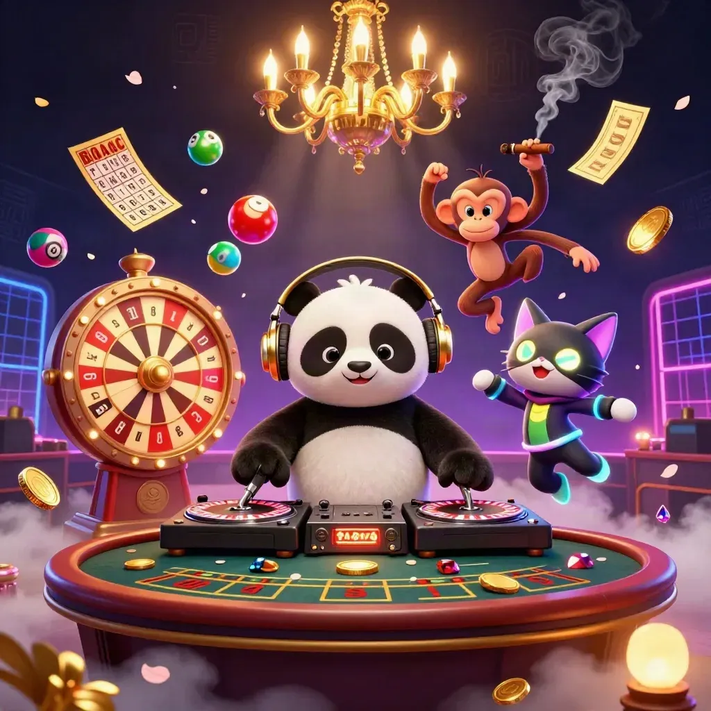 DJ panda, breakdancing monkey, and glow-stick kitten in a neon casino rave with spinning wheels