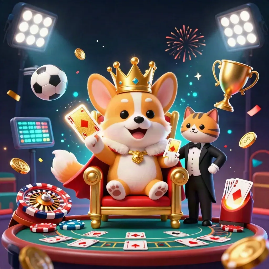 Crowned corgi king and cat butler amid casino lights, sports balls, coins, confetti, and magic glow.