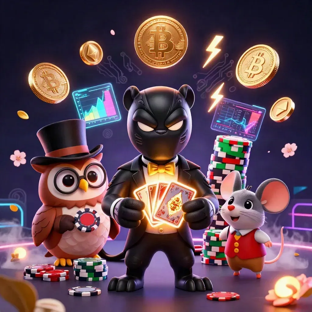 Panther, owl, and mouse casino heroes amid neon coins, cards, and gold magic.