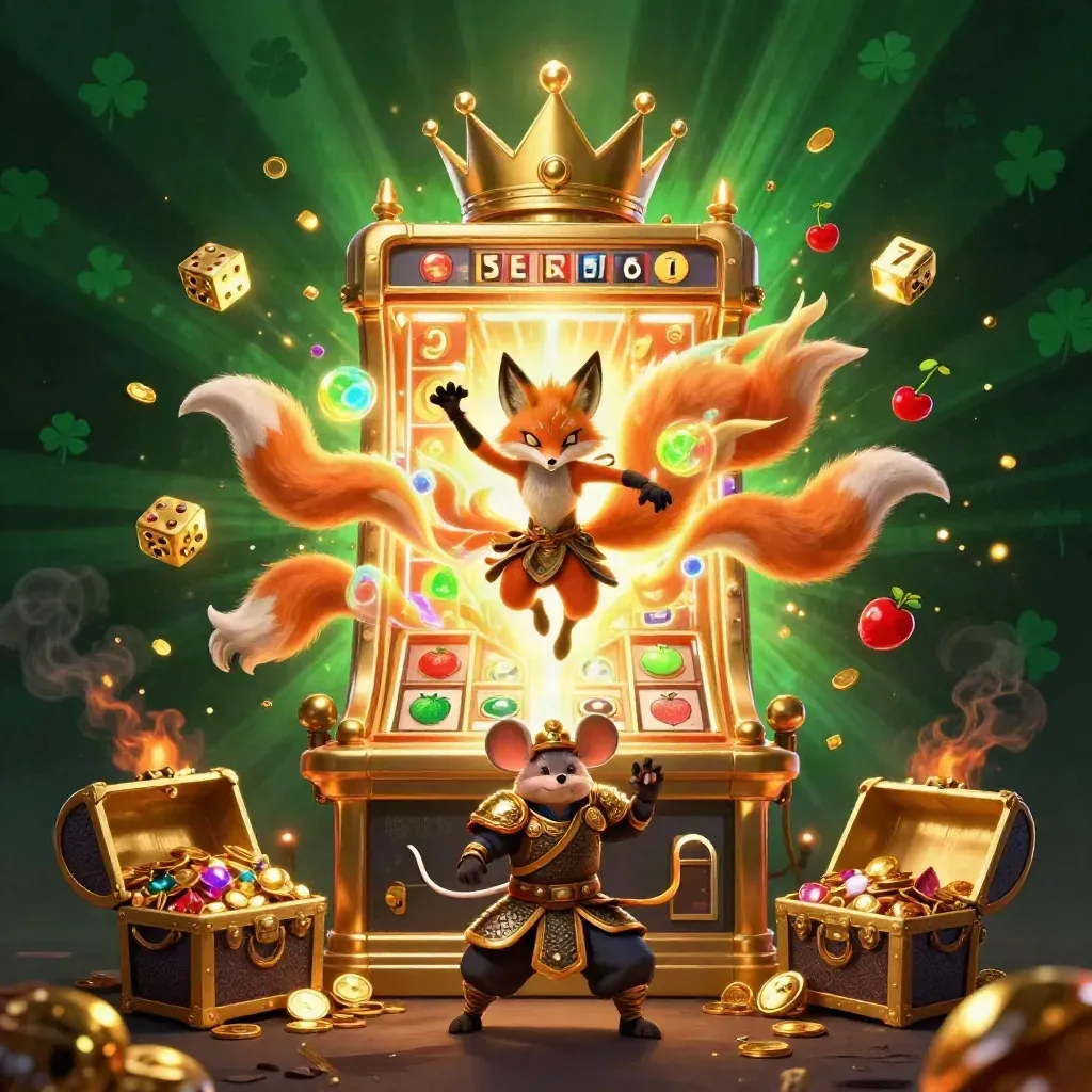 Neon fox spirit and samurai mouse burst from a jackpot slot machine amid gold and emerald treasure.