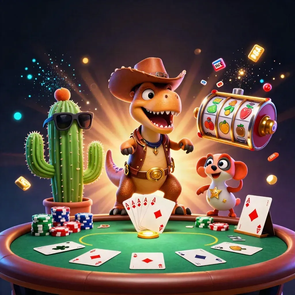 Cowboy T-Rex, cactus, and roadrunner blast casino props across a neon poker table.