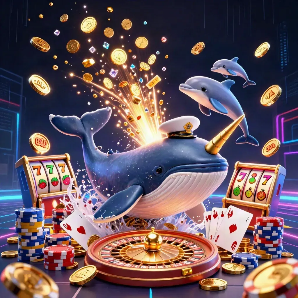 Whale captain, narwhal, and dolphins burst through coins, gems, chips, and casino flair.