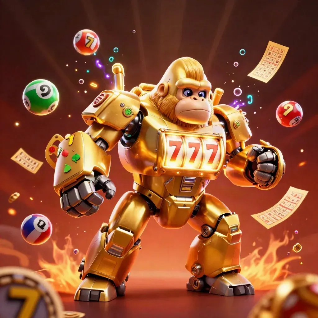Golden gorilla mech with monkey pilot, bursting casino symbols, prize wheel, balls, and glowing effects.