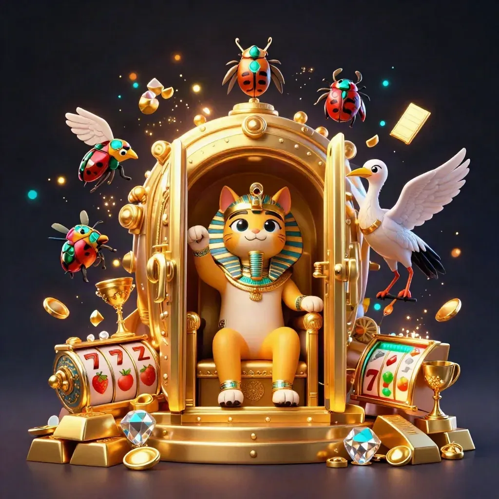 Pharaoh cat on throne with ibis scribe and gem-wing scarabs amid vault gold and casino reels.