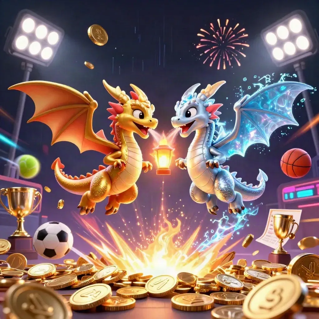 Gold and silver dragons spiral through coins, fire, ice, sports balls, and casino lights