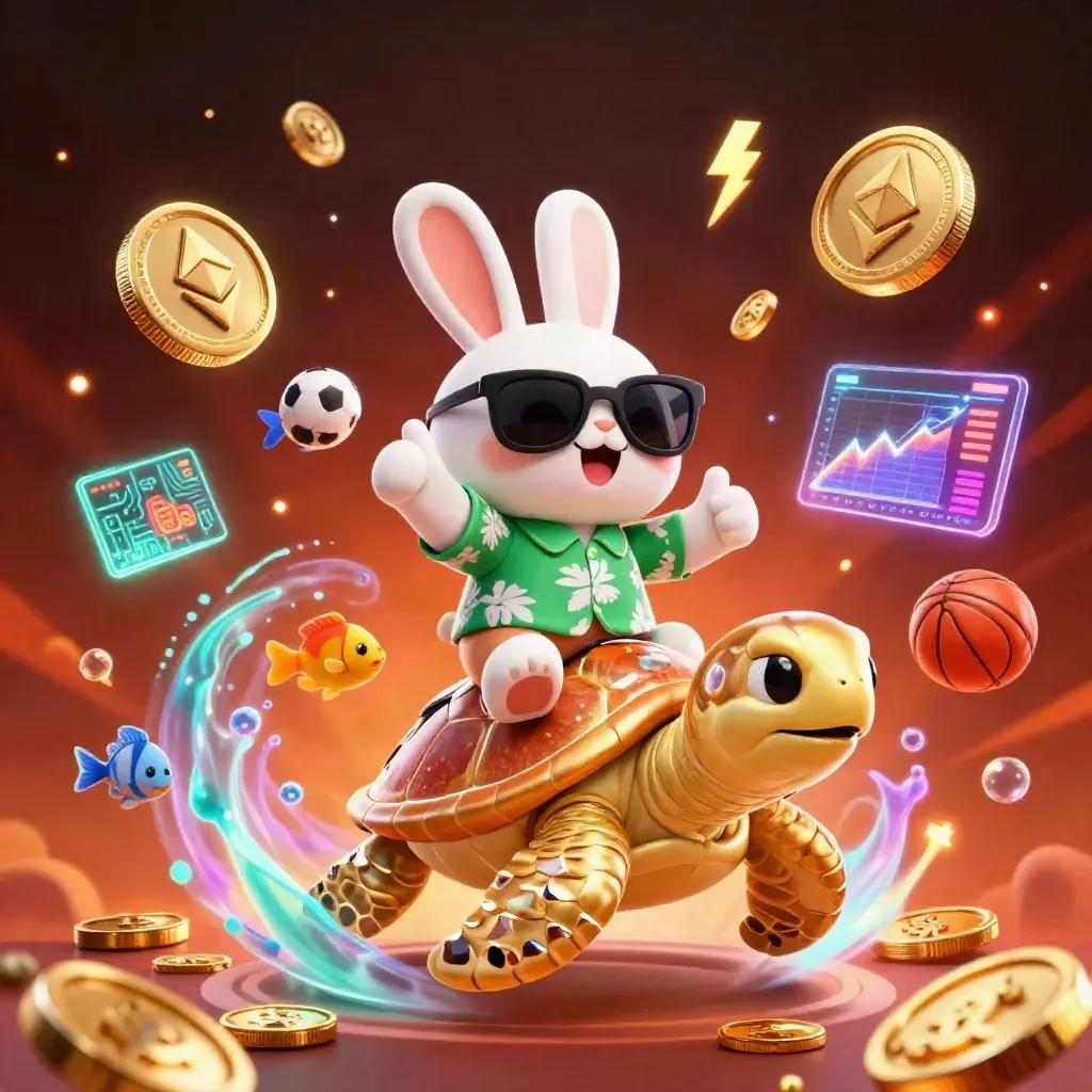 Cartoon rabbit on golden sea turtle amid coins, crypto sparks, fireworks, and casino glow.