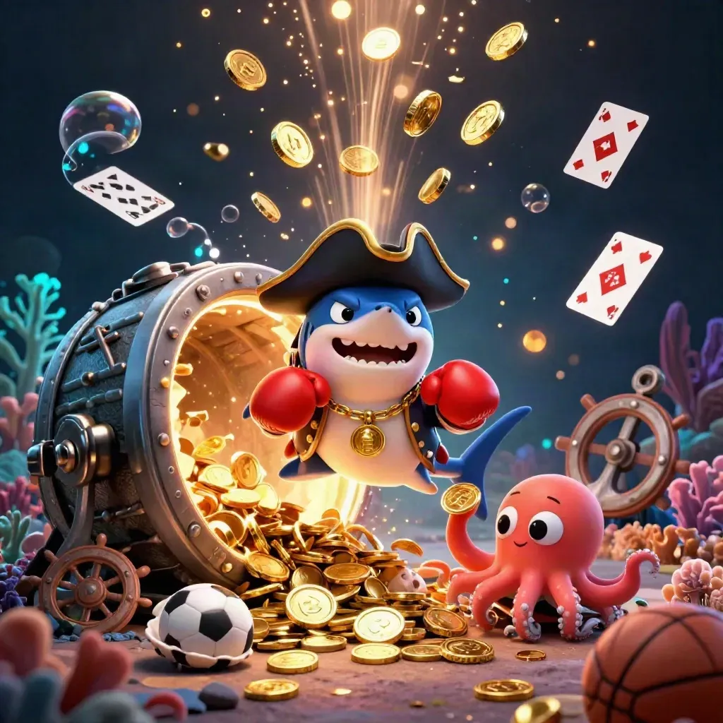 Pirate shark, boxing pufferfish, and coin-juggling octopus erupt from an underwater treasure cove.