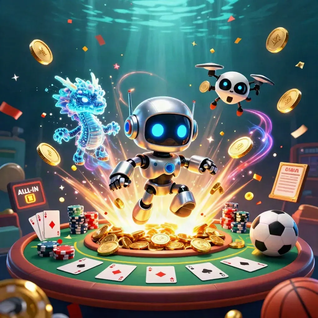 Cyberpunk robot, holographic dragon and coin drone amid vault coins, cards, chips, fireworks and casino props