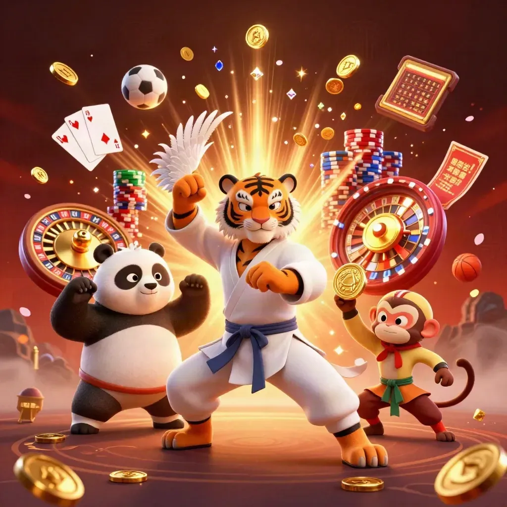 Kung-fu tiger, panda, and monkey amid coins, roulette, chips, cards, and sports props