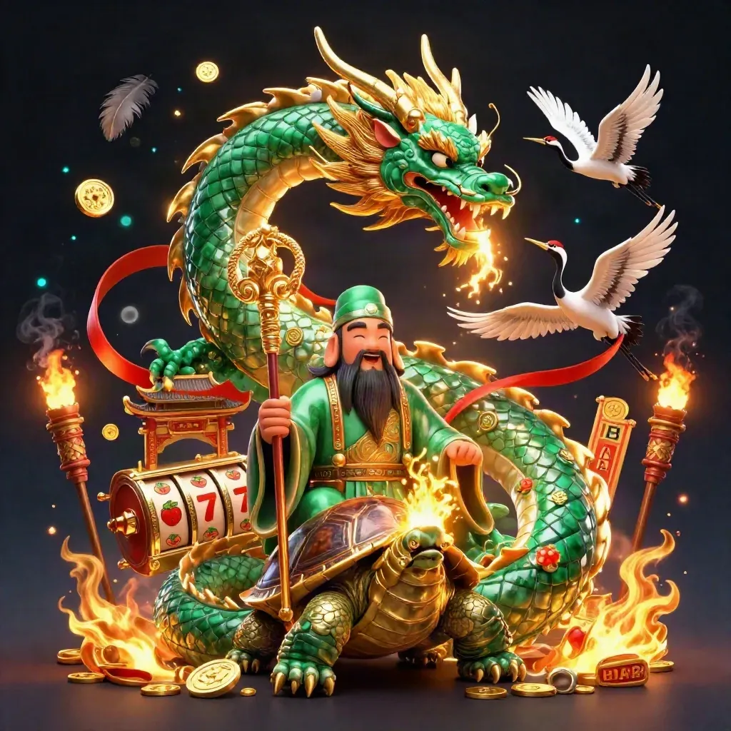 Emerald dragon, sage turtle, and cranes amid casino relics, gold fire, and navy neon.