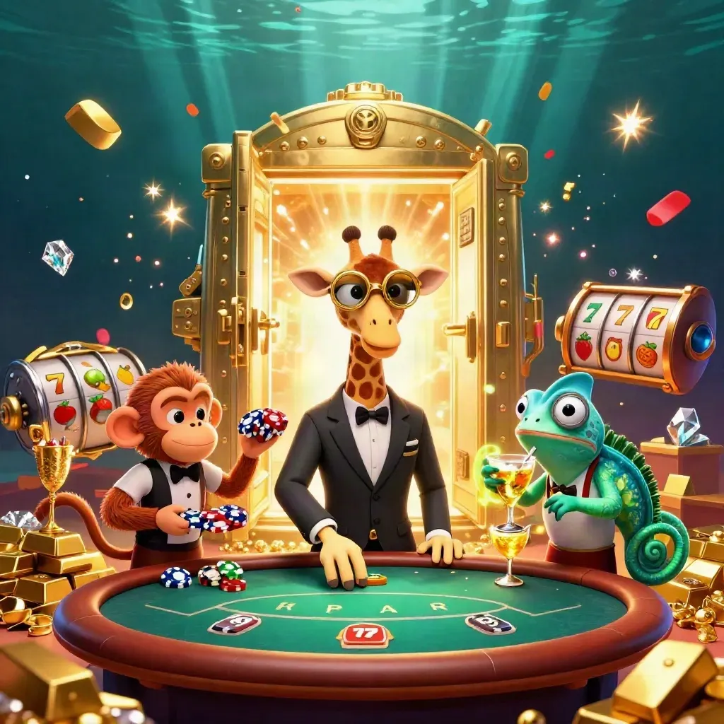 Giraffe high roller, monkey valet, and chameleon bartender around a glowing vault and casino loot.