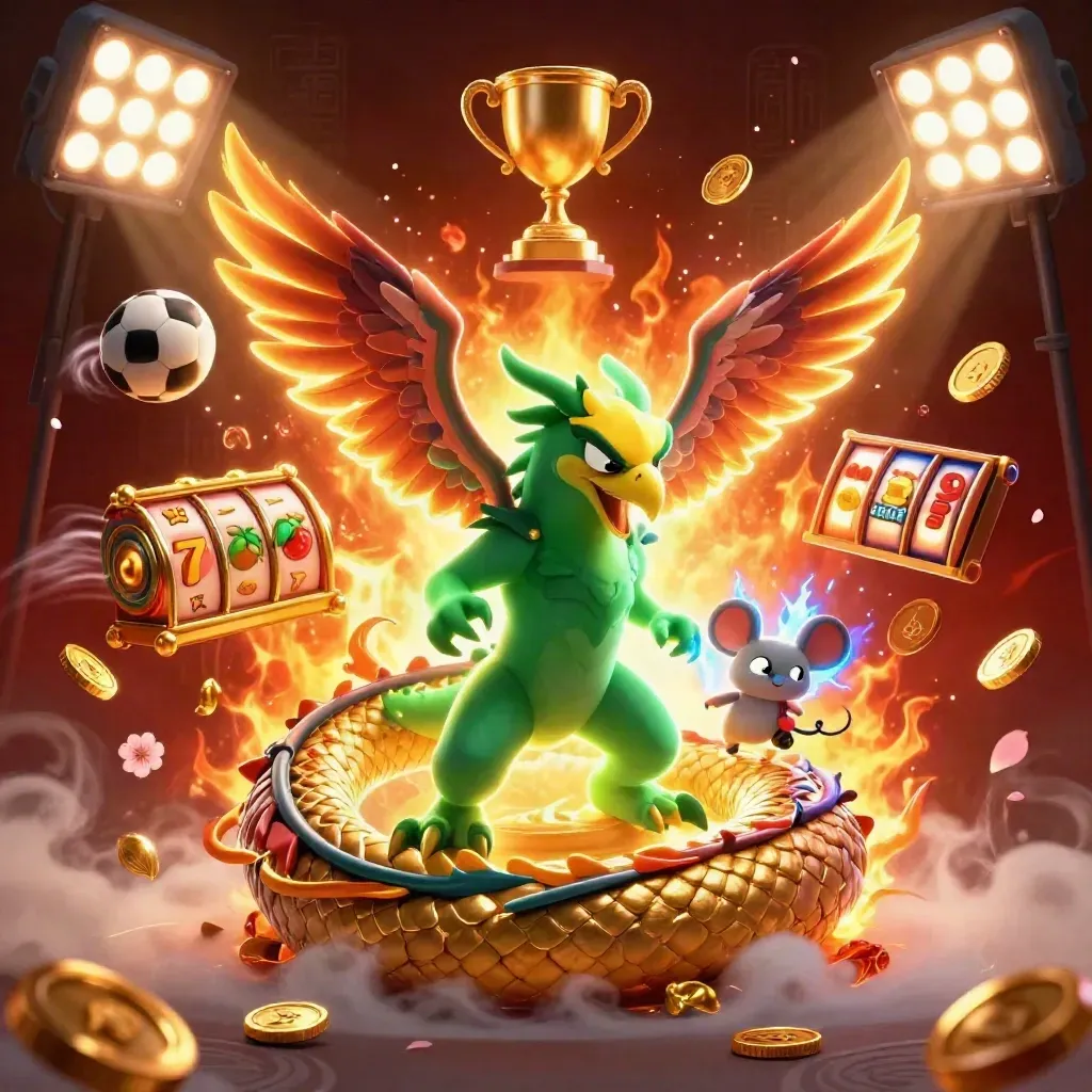 Thunder dragon, hawk, and static mouse amid casino lights, coins, reels, and stormy neon glow.