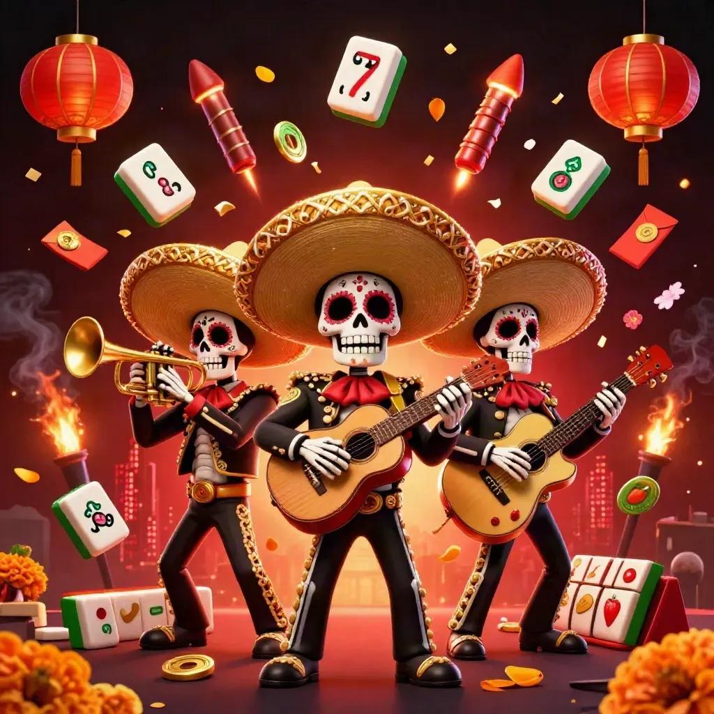 Skeleton mariachi trio amid casino symbols, lanterns, coins and red embers