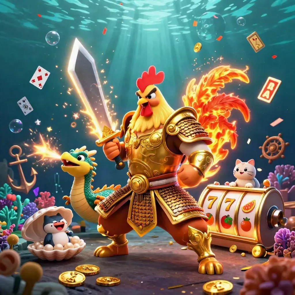 Rooster samurai, spark-breathing hatchling and lucky cat amid gold coins in a glowing underwater casino cove