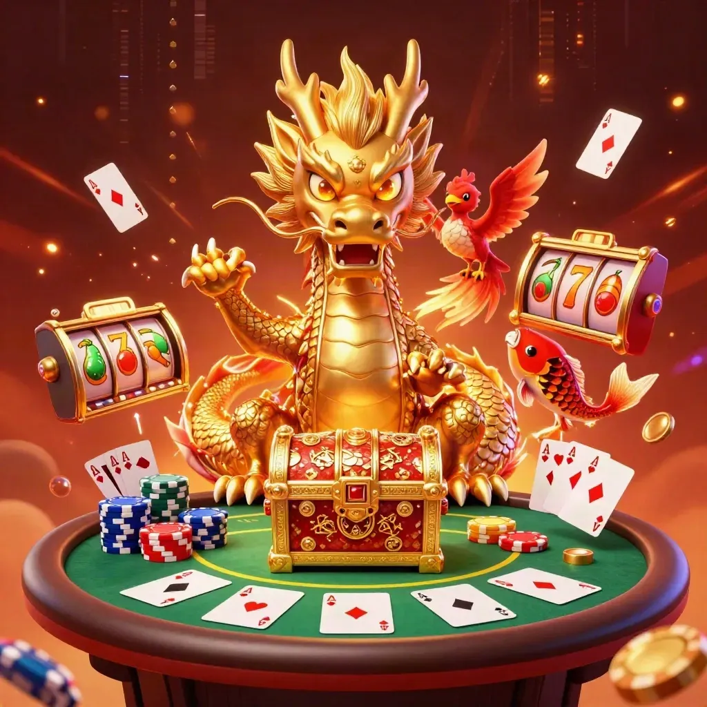 Golden dragon, phoenix, and koi amid casino chips, cards, reels, and electric embers.