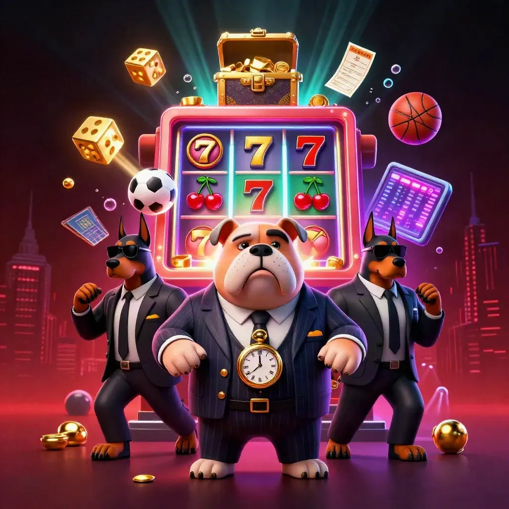 Bulldog boss and Doberman guards amid slot burst, gold, sports props, neon casino glow.