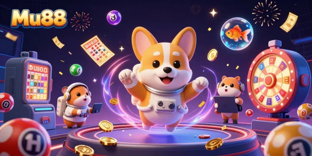 Experience exciting gambling fun at Mu88 with the playful astronaut corgi in a vibrant casino setting.