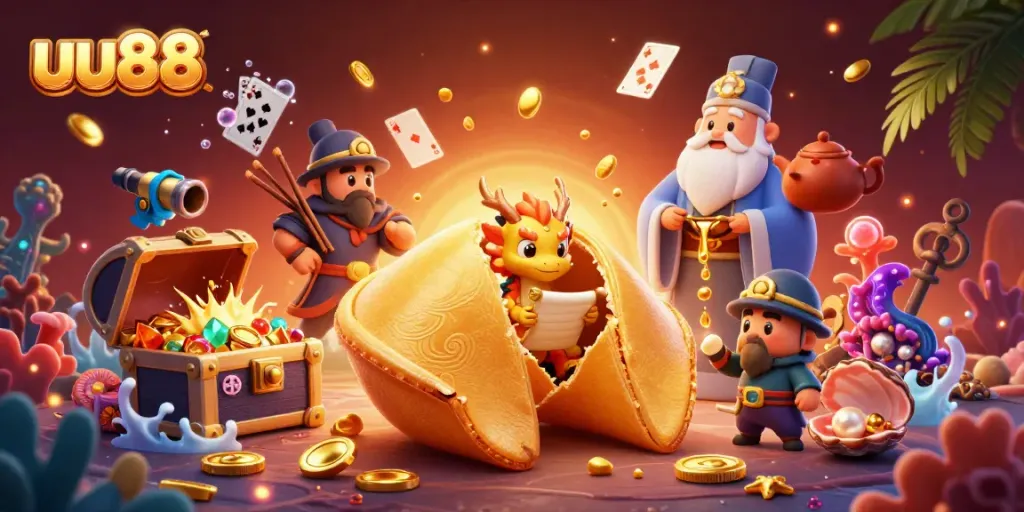 Experience exciting wins with uu88 in a vibrant casino-themed 3D illustration featuring fortune cookies and gold accents.