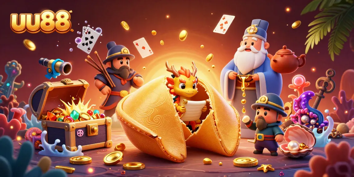 Experience exciting wins with uu88 in a vibrant casino-themed 3D illustration featuring fortune cookies and gold accents.