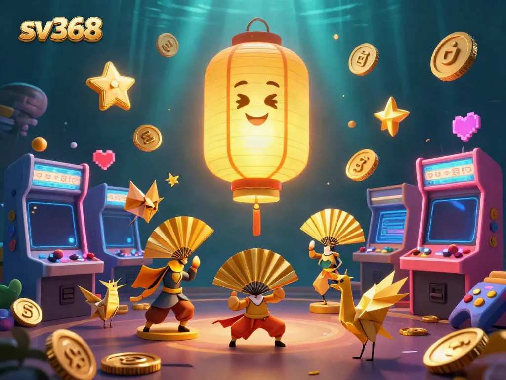 Engage in thrilling games at sv368 with neon-lit arcade machines and festive elements.