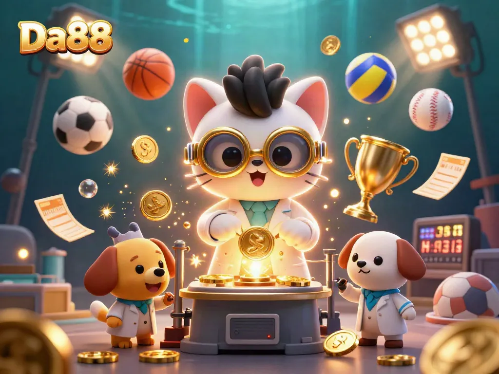Da88 casino illustration with a scientist cat and dog assistant creating gold coins with dynamic sports elements