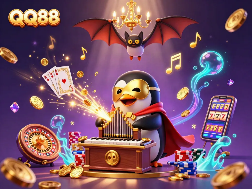 Experience thrilling action with QQ88 as a phantom penguin plays a golden pipe organ in a vibrant casino scene.