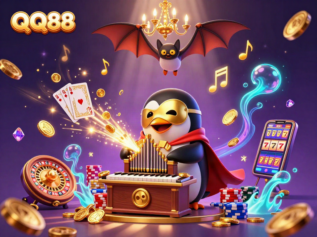 Experience thrilling action with QQ88 as a phantom penguin plays a golden pipe organ in a vibrant casino scene.